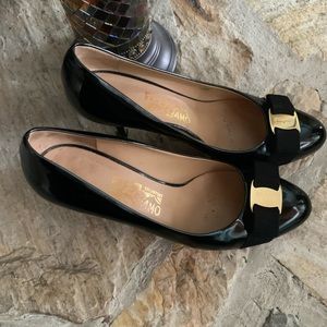 Salvatore Ferragamo Black Patent Pumps with Vera Bow Buckle
